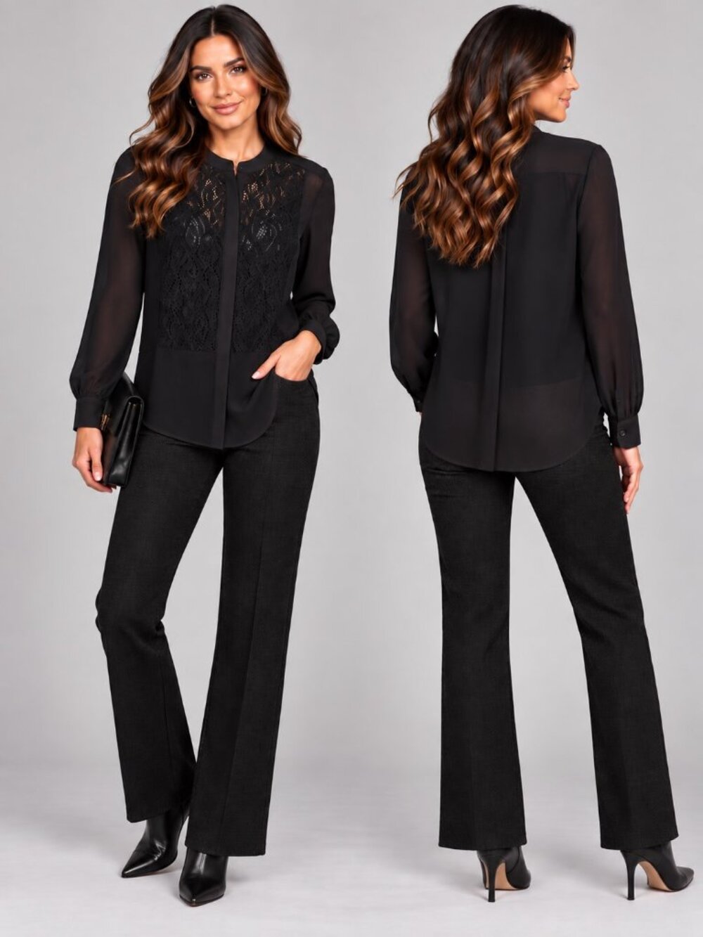 Simply Vera Vera Wang Black Lace Front Semi Sheer Long Sleeve Blouse Womens M